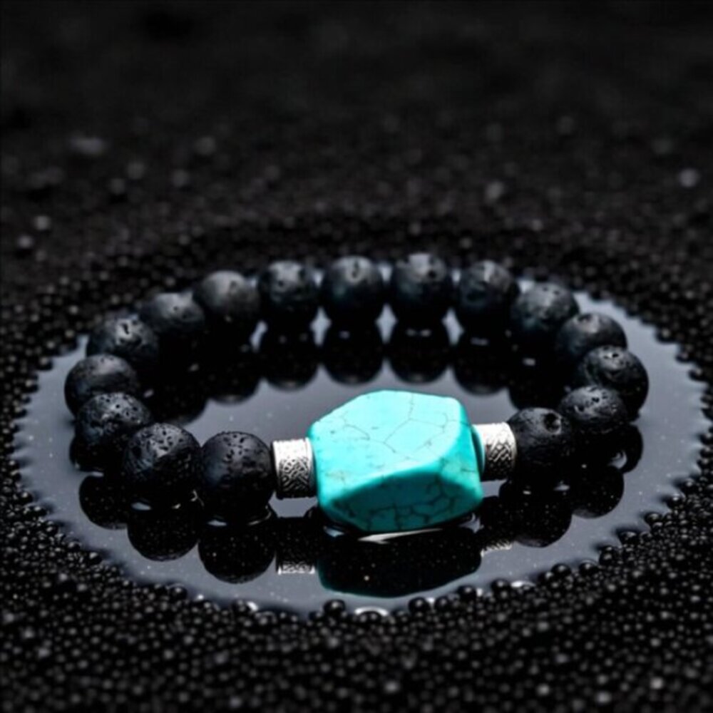 Turquoise Howlite & Black Lava Rock Bracelet! Thick, Solid & Chunky Stone Beads
